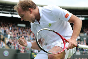 Steve Darcis of Belgium celebrates victory