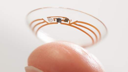 The contact lens has a tiny glucose sensor and wireless transmitter