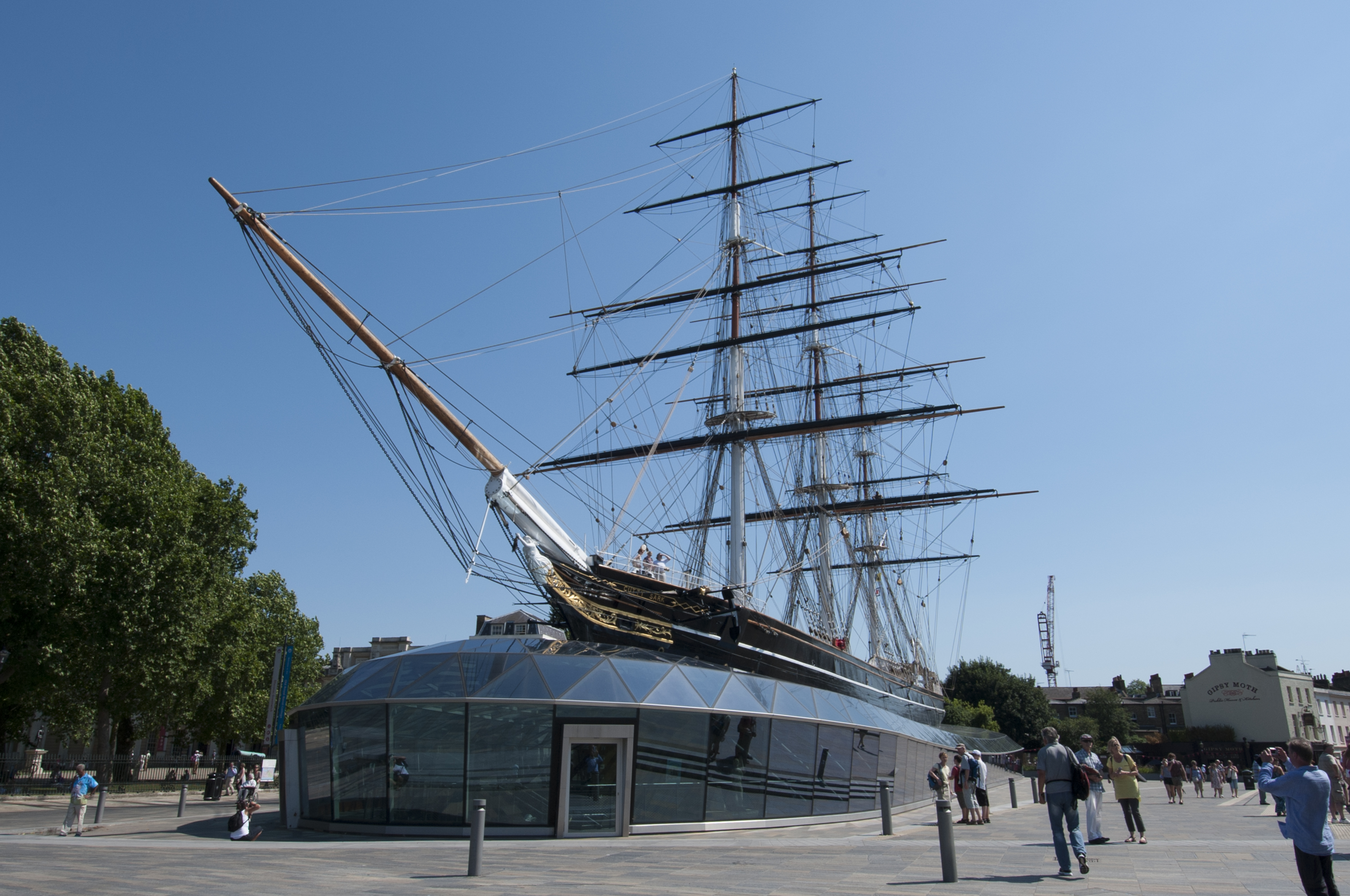 Cutty Sark exterior. Port broadside & port 3/4 view during the day.