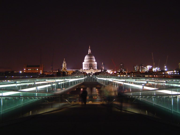 St Pauls and Millennium Bridge at night 768x576
