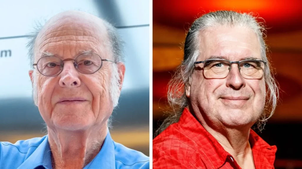 IBM / Hatim Kaghat via the Association for Computing Machinery A composite image shows headshots of Charles Bennett wearing a blue shirt and glasses on the left and Gilles Brassard wearing a red shirt and glasses on the right.