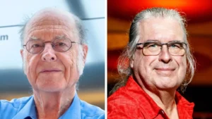 IBM / Hatim Kaghat via the Association for Computing Machinery A composite image shows headshots of Charles Bennett wearing a blue shirt and glasses on the left and Gilles Brassard wearing a red shirt and glasses on the right.