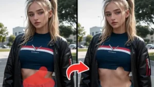PixVideo - AI Video Maker A side by side before and after image of a young woman. The right hand of the two shows a small section of her clothing removed exposing skin underneath.