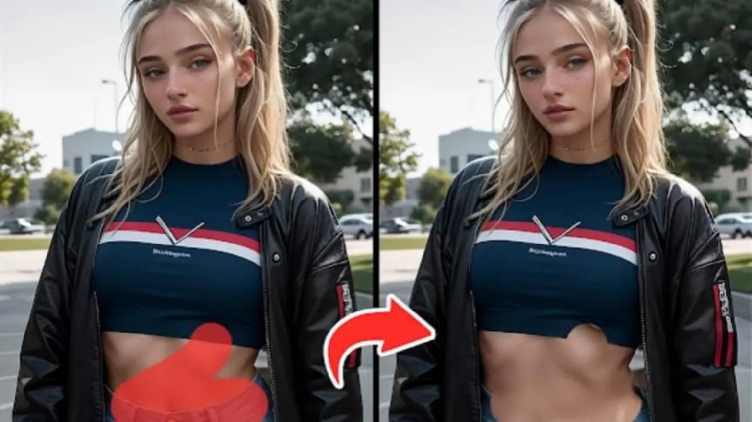 PixVideo - AI Video Maker A side by side before and after image of a young woman. The right hand of the two shows a small section of her clothing removed exposing skin underneath.