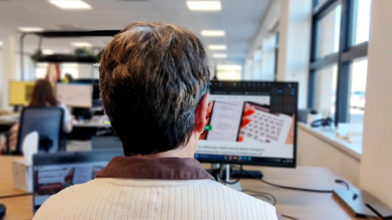 BBC Mabel at her desk in the office. just the back of her head. She is middle aged and wears glasses