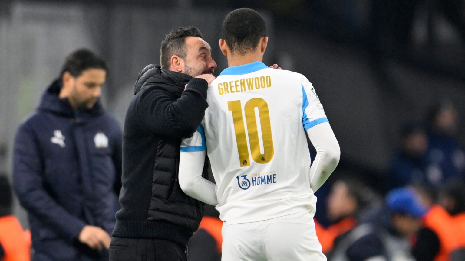 De Zerbi and Greenwood pictured during a match against Newcastle last year. Pic: AP