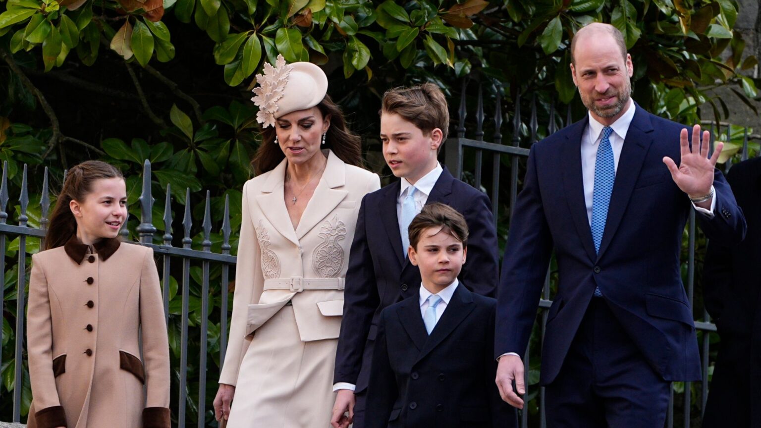 The Prince and Princess of Wales arrive with their children Prince George, Princess Charlotte and Prince Louis. Pic: PA