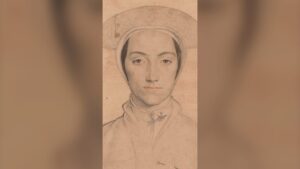A portrait of young woman in black ink on a beige coloured canvas She is wearing a circular shaped hat