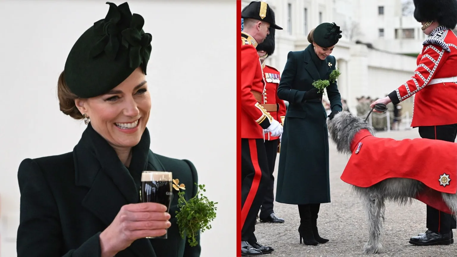 A split-screen image, showing Princess Catherine raising a half pint of Guinness in the left photo, and presenting a spring of Shamrock to dog Seamus, the regimental mascot