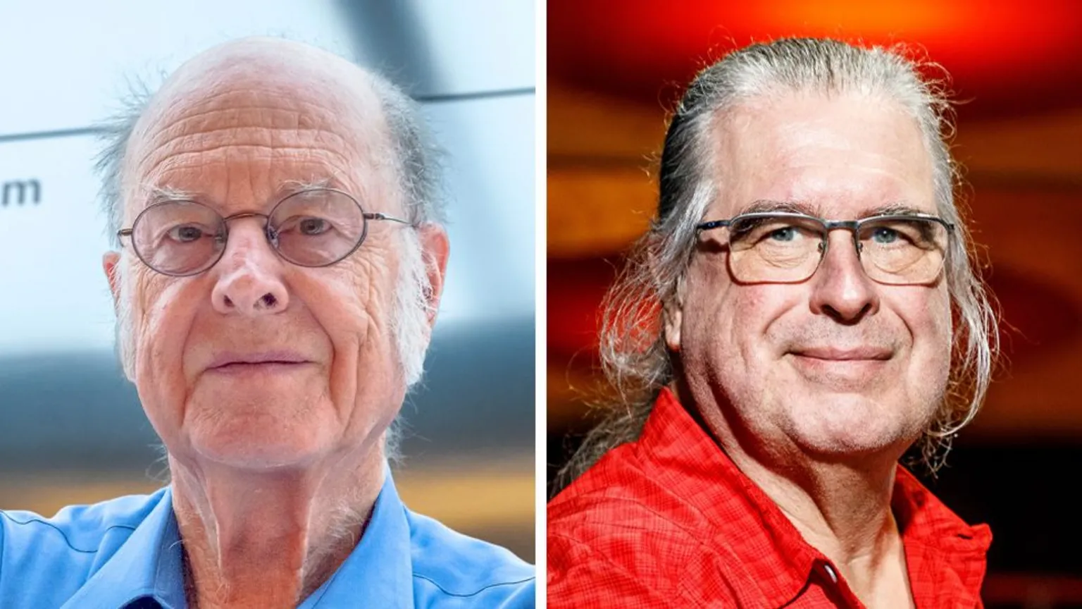 IBM / Hatim Kaghat via the Association for Computing Machinery A composite image shows headshots of Charles Bennett wearing a blue shirt and glasses on the left and Gilles Brassard wearing a red shirt and glasses on the right.