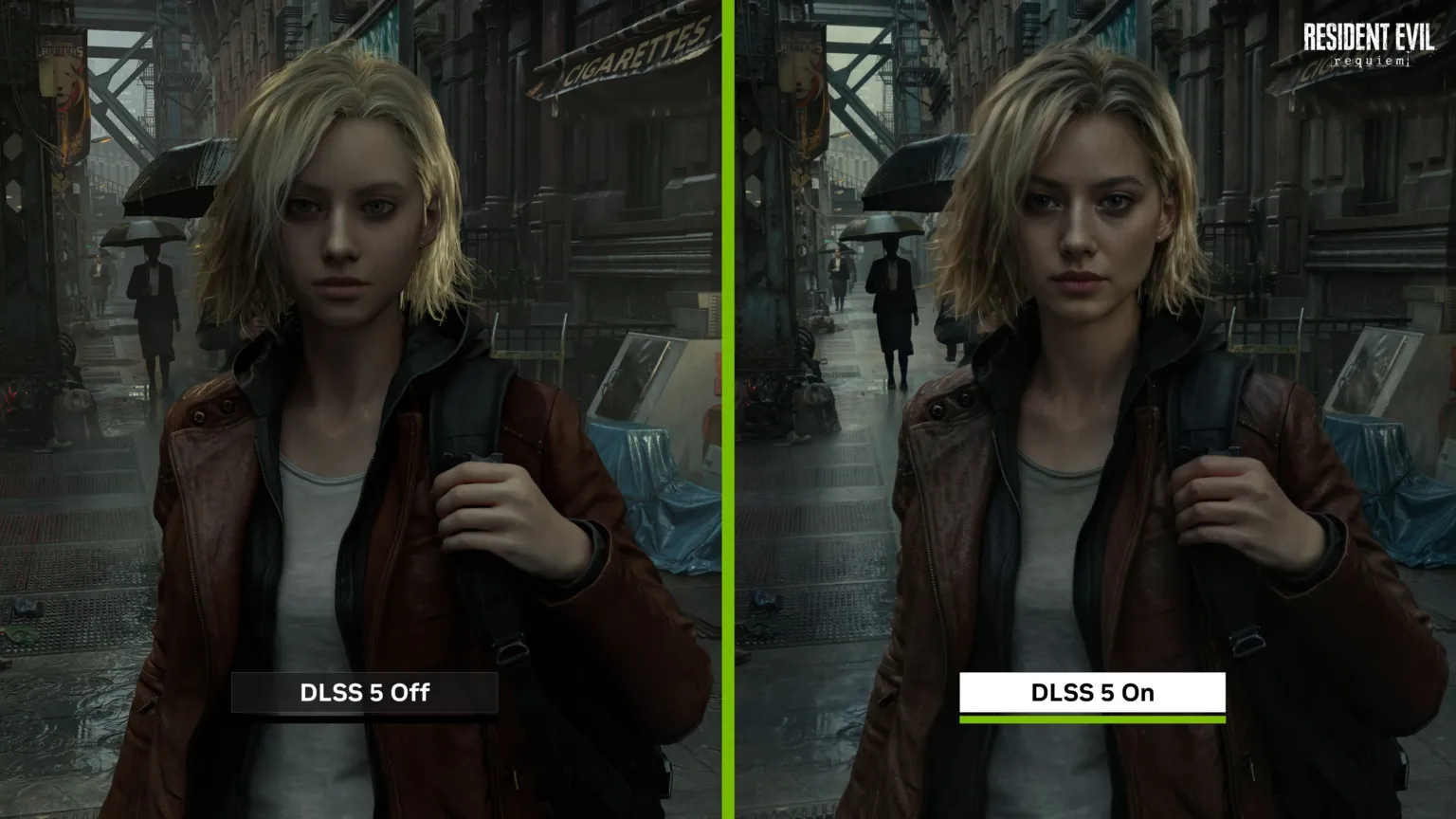 Nvidia An image of a female character from the game Resident Evil is shown twice in a split screen format. The shot on the right says 'DLSS 5 feature off' at the bottom and is less clear and realistic than the one on the right, which reads: DLSS 5 feature on.