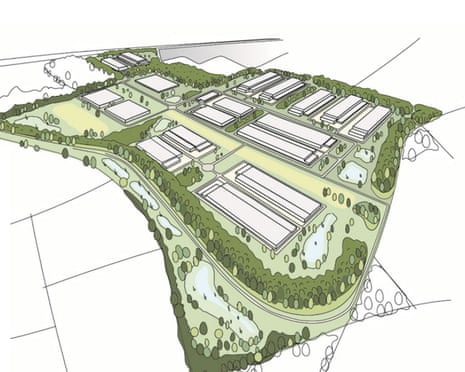 An aerial illustration shows industrial buildings arranged in rows across a green site with landscaping and access roads.