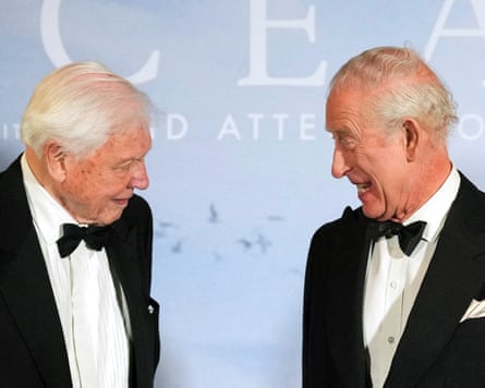 King Charles with David Attenborough in dinner suits attend the premiere of Ocean in London last year.