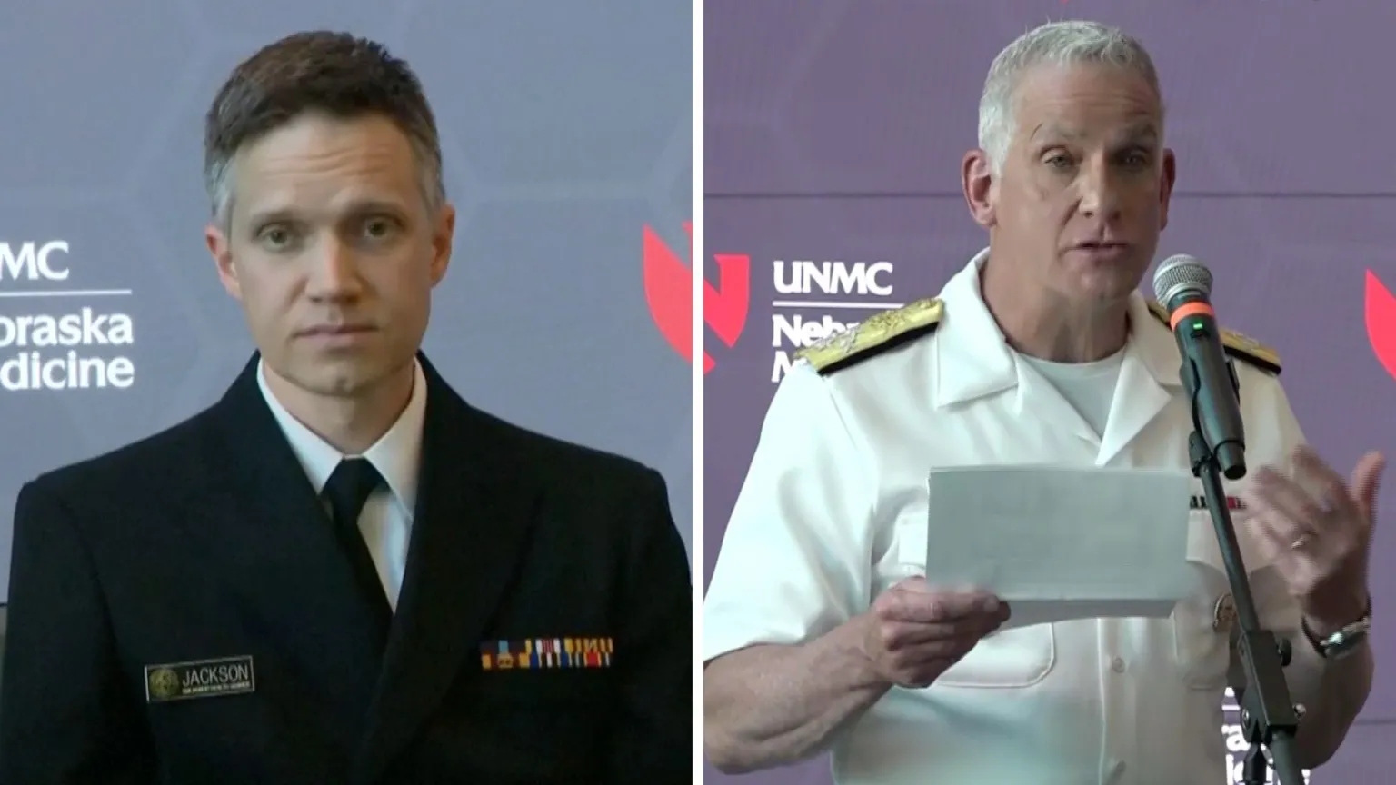 Split screen. Brendan Jackson on the left and Admiral Brian Christine on the right.