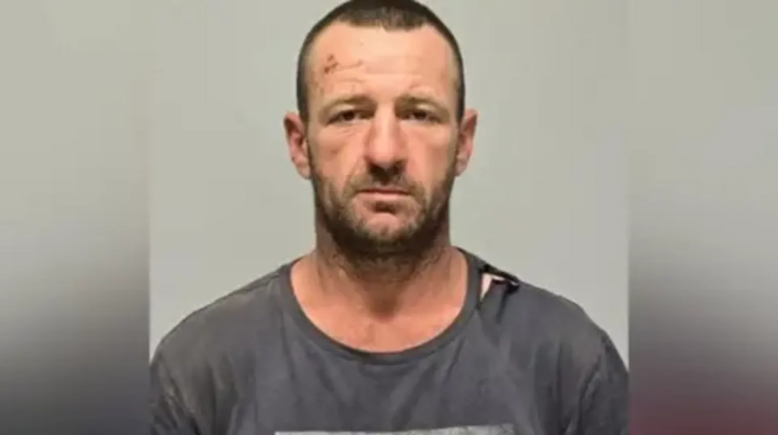NSW Police Force Headshot of suspect Julian Ingram, who is seen with a beard and wearing an old grey T-shirt.