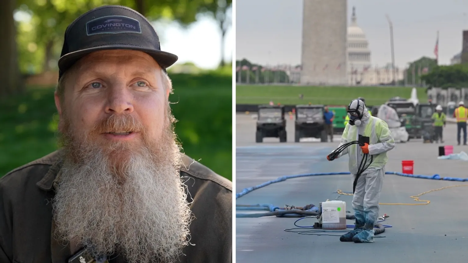 Left, a man with a beard and a baseball hat. Right, a decorator repaints the reflecting pool bottom.