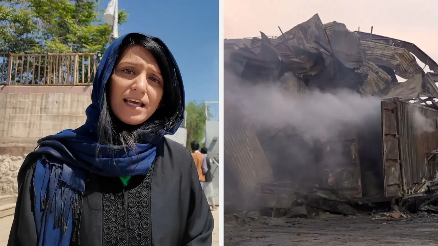 Composite image: BBC Journalist Yogita Limaye outside rehab centre in Kabul where deadly Pakistan strike happened with image of smoke after strike