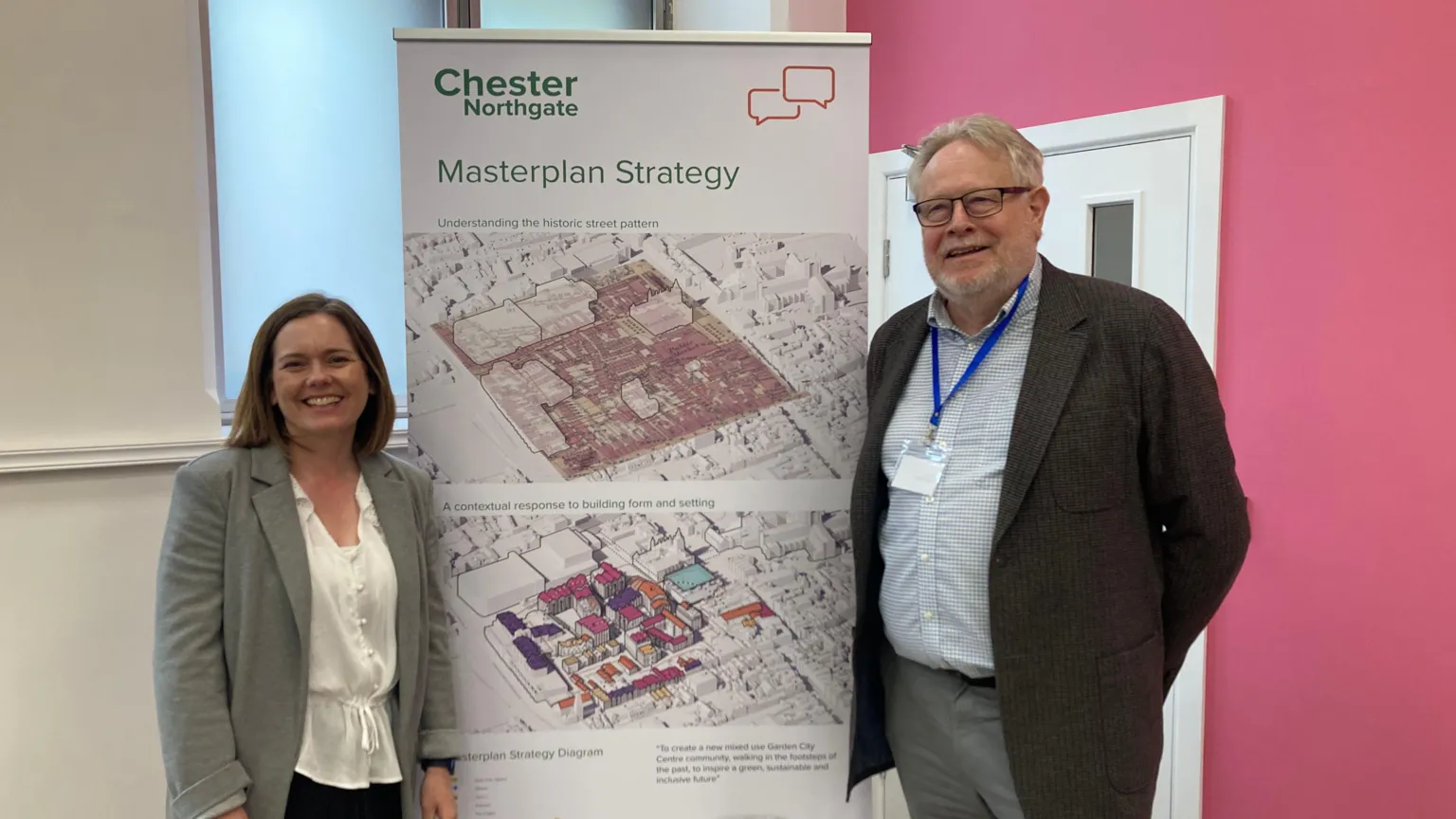 Gemma Davies and Rob Mason with a banner of the Chester Northgate development plans in the middle