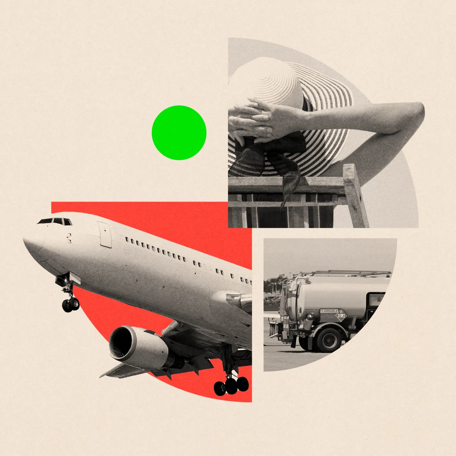 BBC Graphic illustration combining black-and-white images of a commercial passenger jet, a fuel tanker truck labelled ‘flammable’, and a person reclining on a deck chair wearing a wide-brimmed hat, overlaid with red and green geometric shapes on a neutral background.