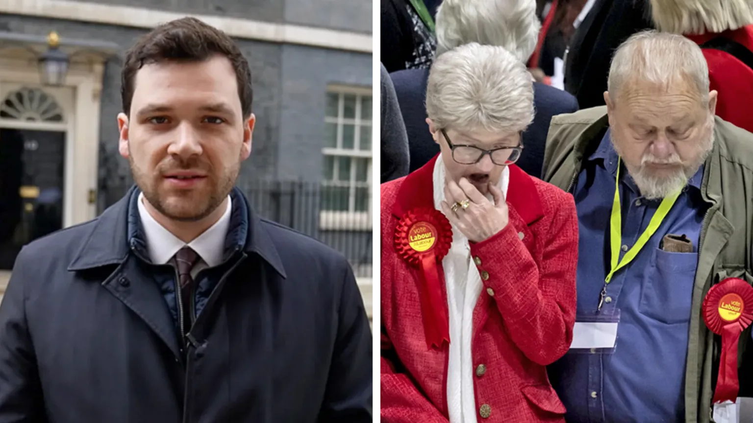Henry Zeffman stands on one side of the image outside 10 Downing Street. On the other side  Labour party supporters look-on as counting gets underway at Barnsley Metrodome on May 08, 2026 in Barnsley, England.