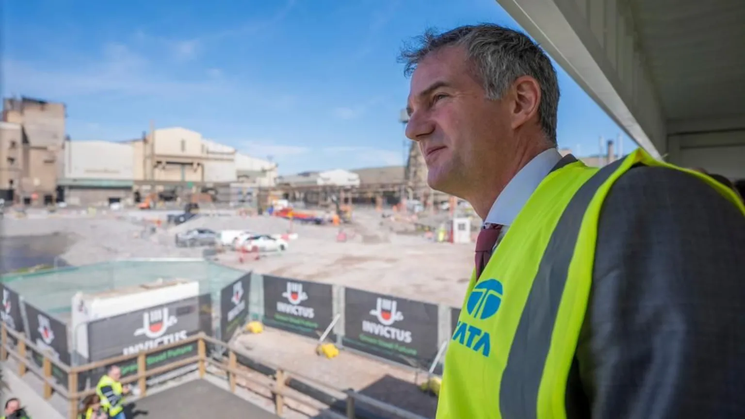 PA Media Business and Trade Secretary Peter Kyle wearing a hi-vis vest during a visit to Tata Steel's Port Talbot plant.