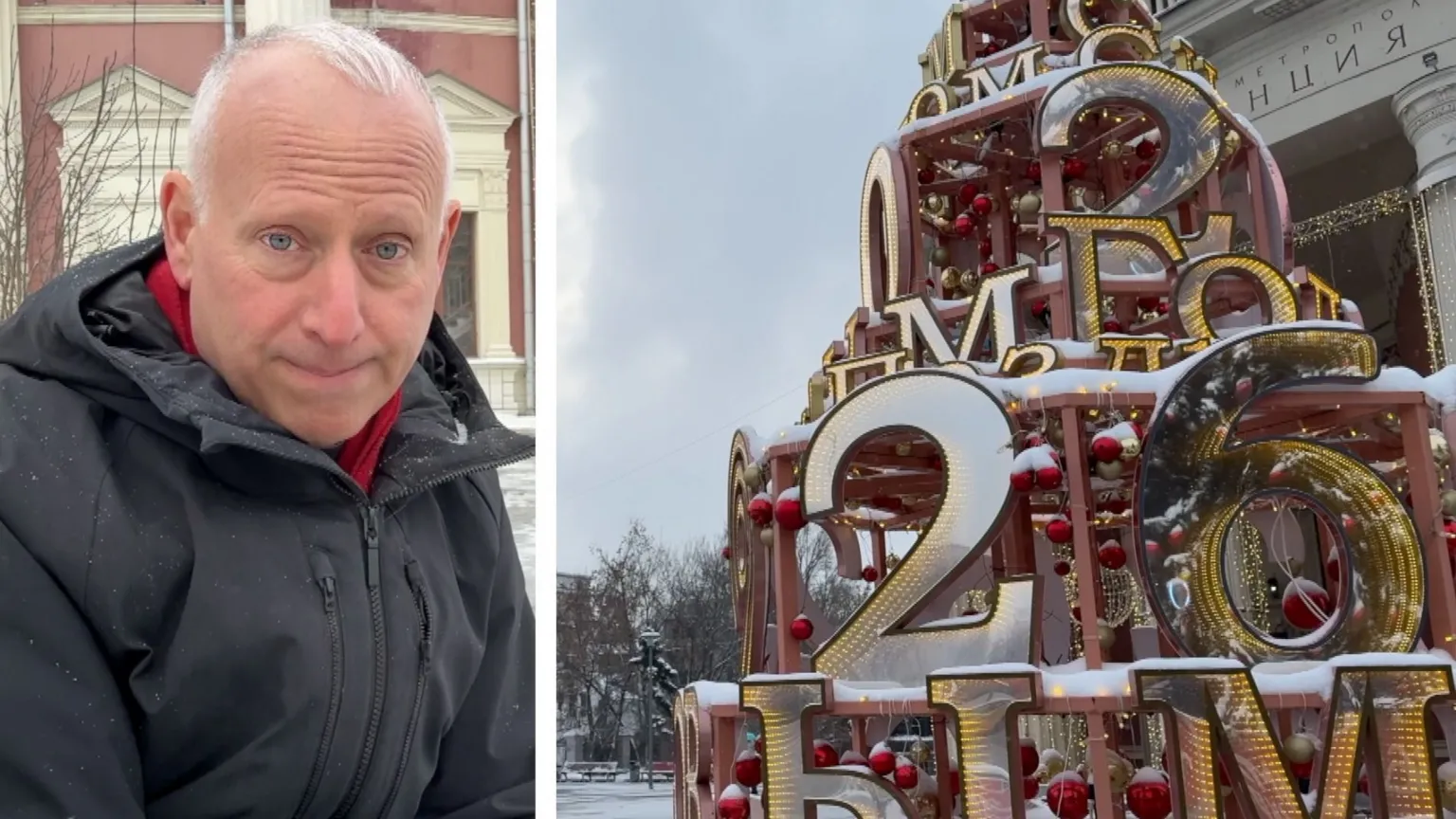 BBC's Steve Rosenberg on left side and 2026 New Year scultputre on right side