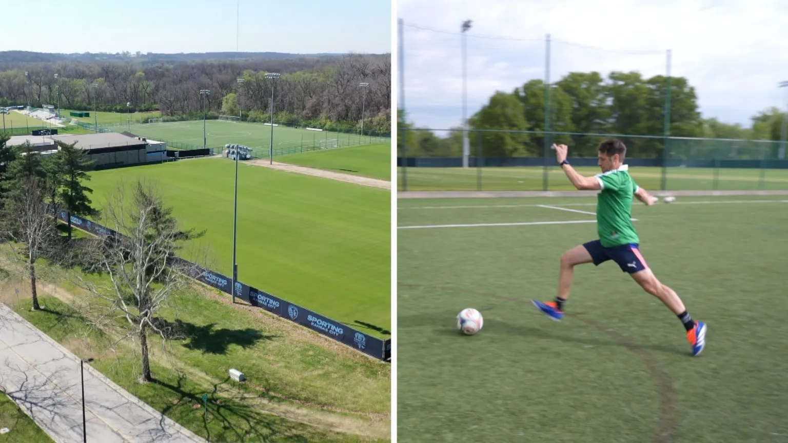 Split screen. On the left, we see Sporting Kansas City. On the right, we see Will Grant playing soccer.
