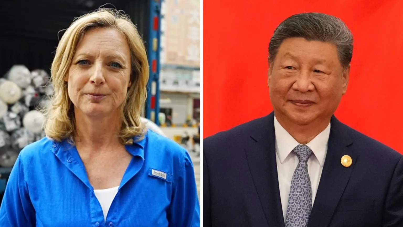 Split screen of BBC correspondent Laura Bicker and Xi Jinping