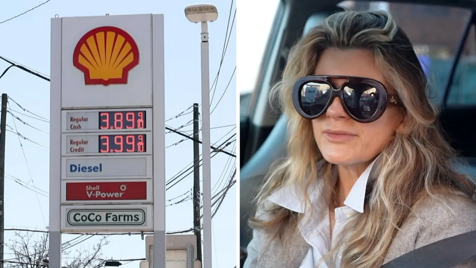 Splitscreen. Left, a gas station price sign. Right, a woman in sunglasses speaks to camera, while in a car.