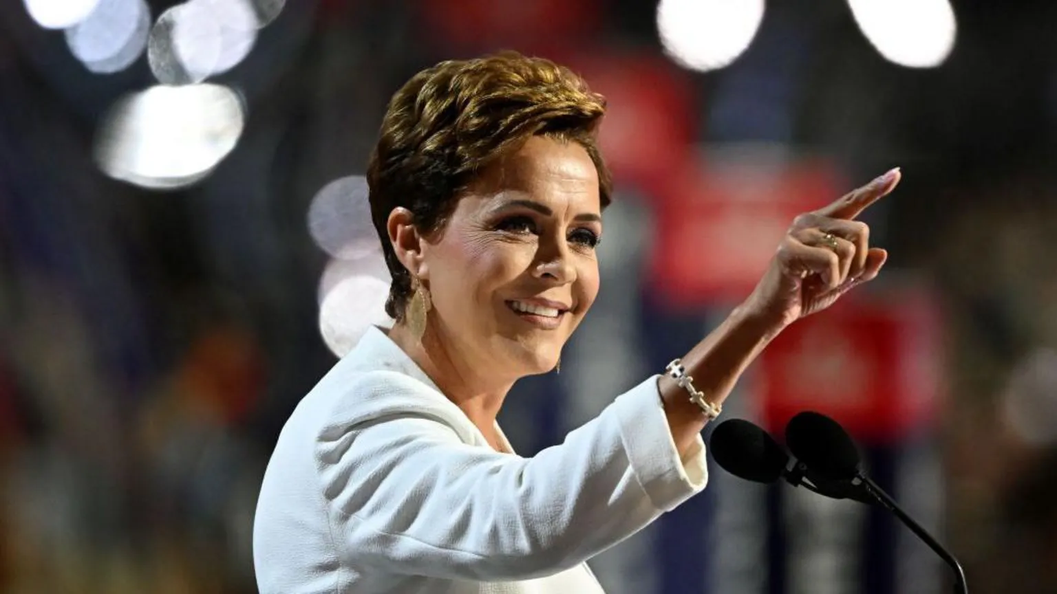Arizona Republican U.S. Senate candidate Kari Lake speaks on stage on the second day of the Republican National Convention at the Fiserv Forum on July 16, 2024 in Milwaukee, Wisconsin.