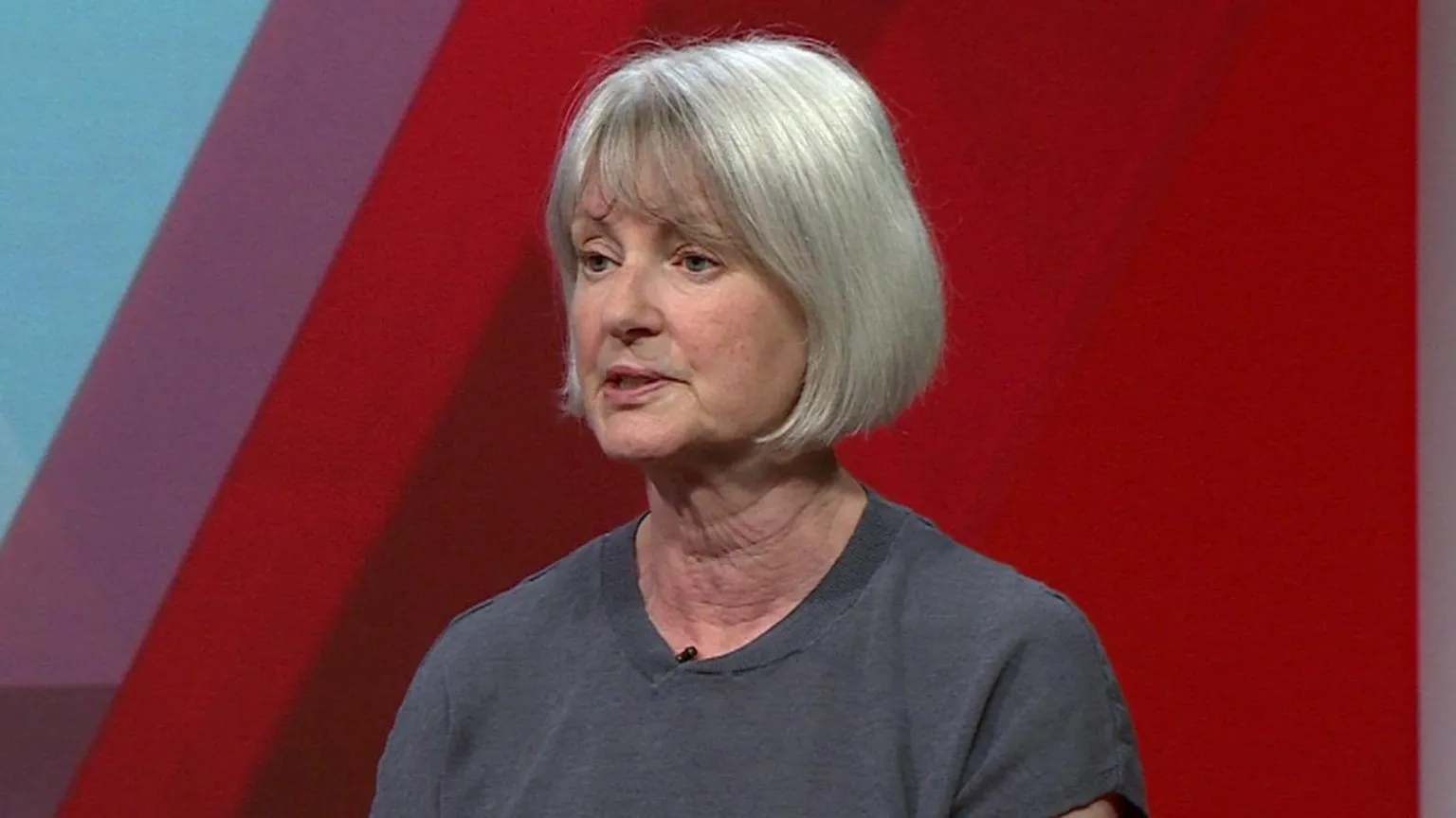 Liz Leffman talking to BBC Politics South. She is sitting on a red sofa looking away from the camera. She is wearing a grey sleeveless top