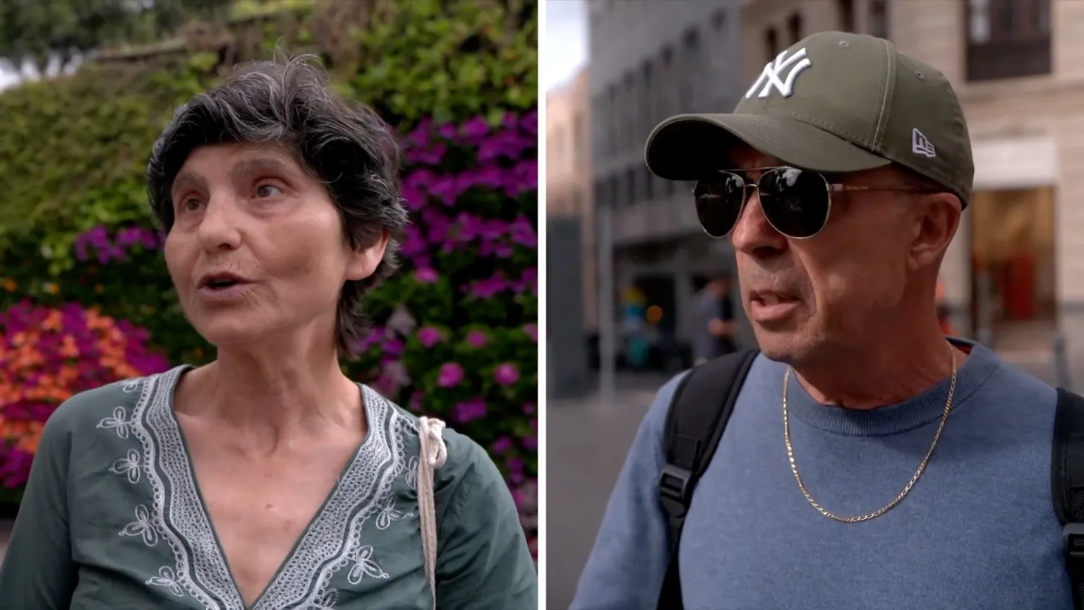 Split-screen showing woman on the left and man on the right being interviewed on the streets of Tenerife