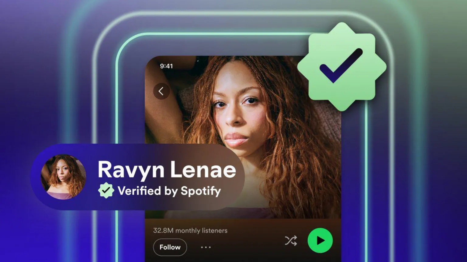 A mock up of the artist Ravyn Lenae's profile on Spotify with a green verified checkmark icon on her profile next to a picture of her staring at the camera with long curly hair. Underneath her picture it says "32.8m monthly listeners".