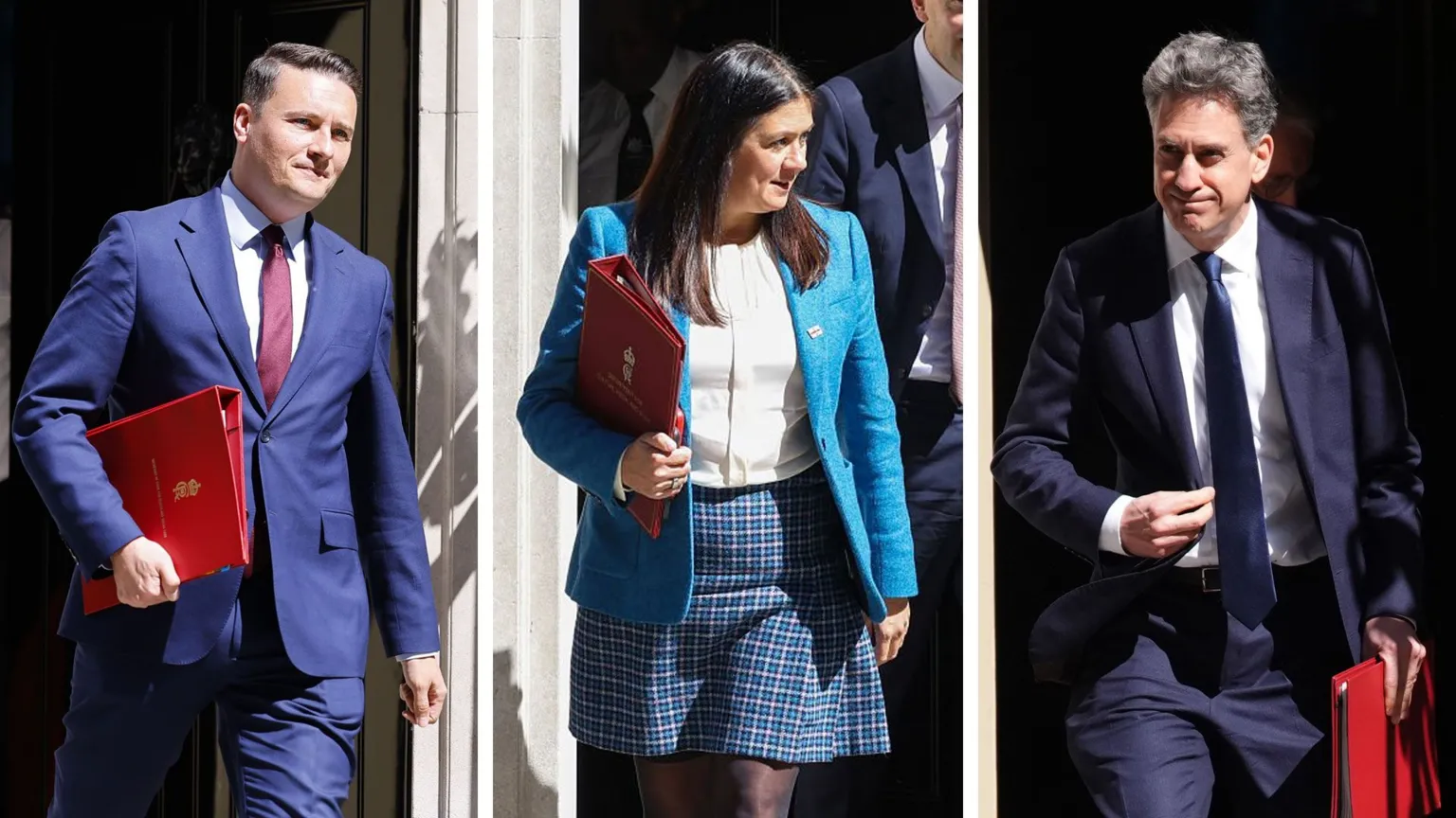 A composite image of Wes Streeting, Lisa Nandy and Ed Miliband leaving Downing Street on 12 May 2026