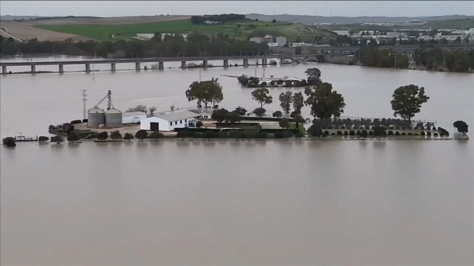 Buildings and trees in high flood water