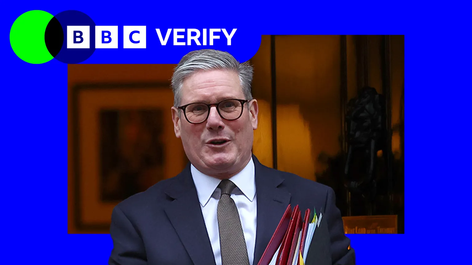Keir Starmer walking out of the door of 10 Downing Street carrying three folders. The BBC Verify lozenge is in the top left corner.