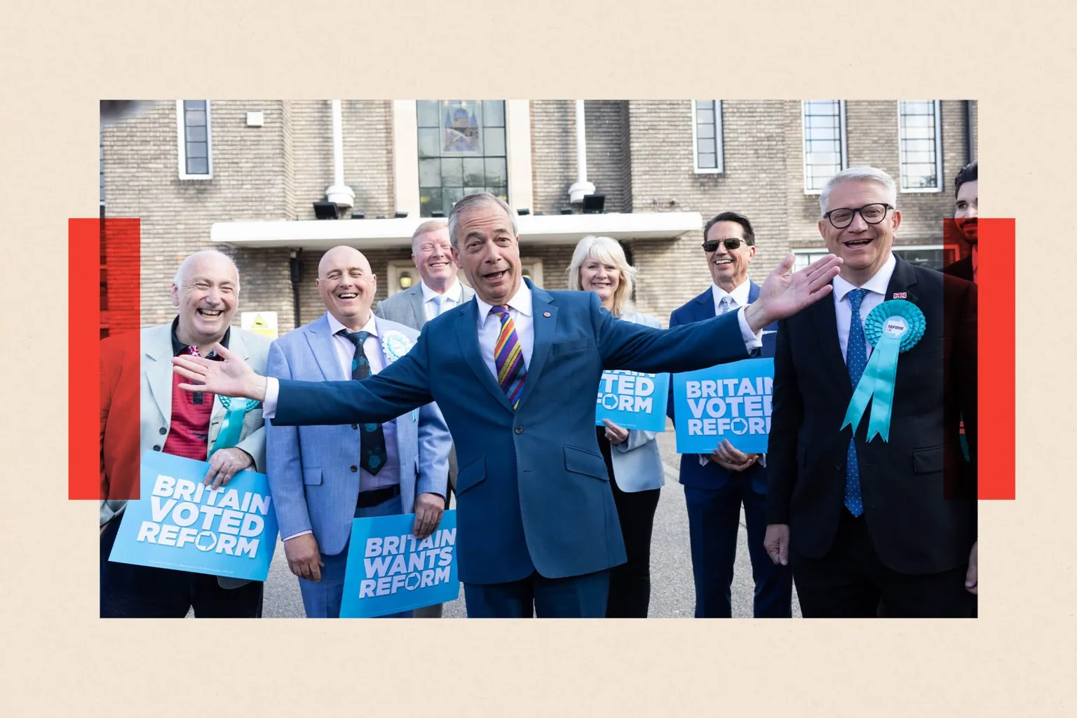 Bloomberg via Getty Images Nigel Farage, leader of Reform UK, and local councilors outside Havering Town Hall following the local election in Romford. Most are carrying placards that in blue say "Britain voted Reform"
