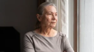 Getty Images An older woman with long silver hair looks out a bedroom window. She wears a pale grey top with silver beads on the shoulders.