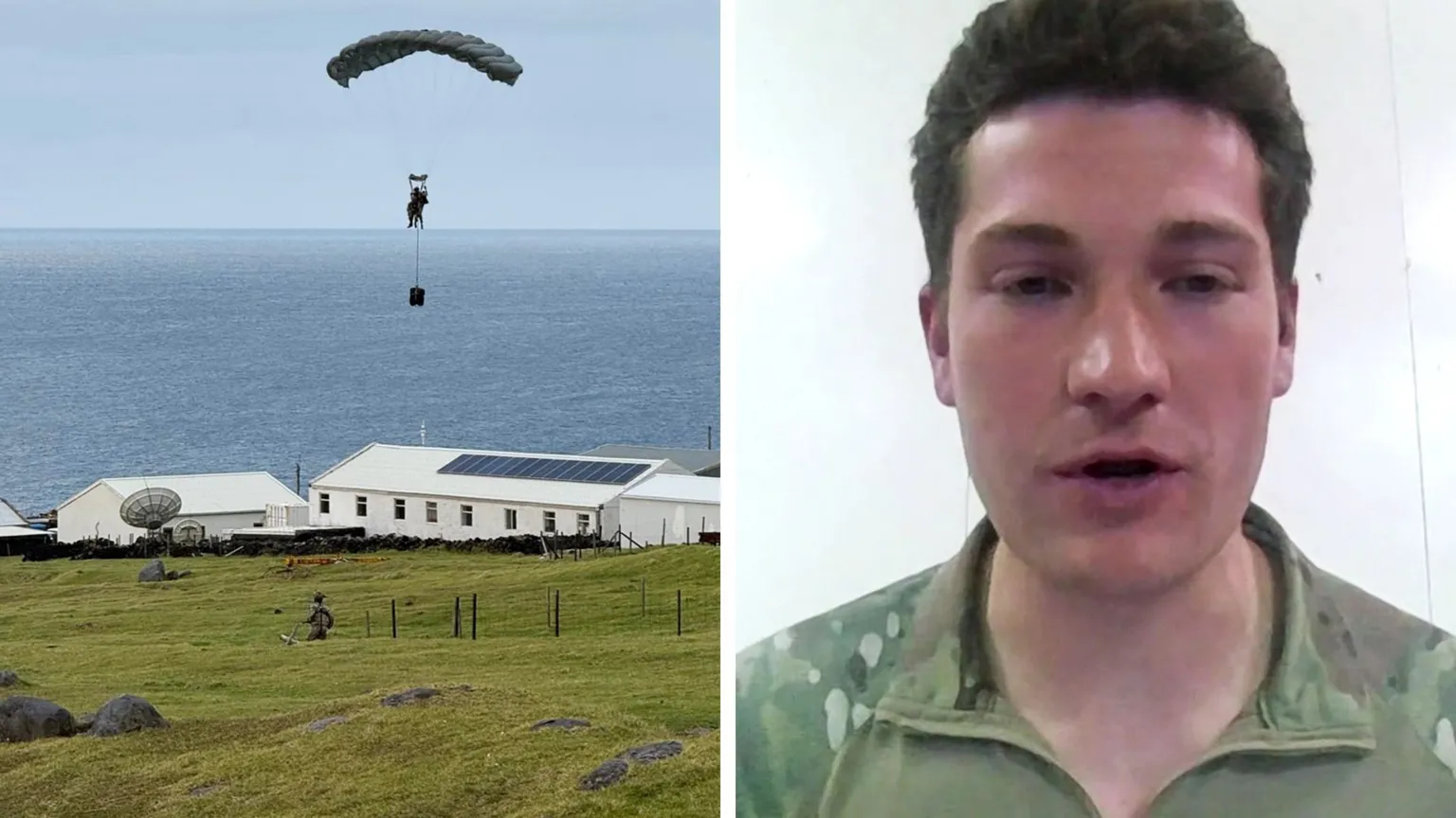 Captain George Lacey (right), and parachutist landing on the island (left)