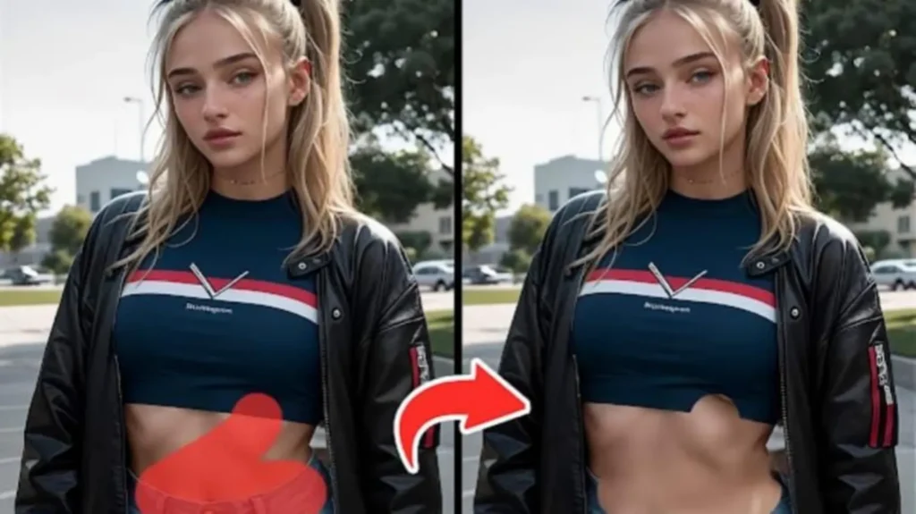 PixVideo - AI Video Maker A side by side before and after image of a young woman. The right hand of the two shows a small section of her clothing removed exposing skin underneath.
