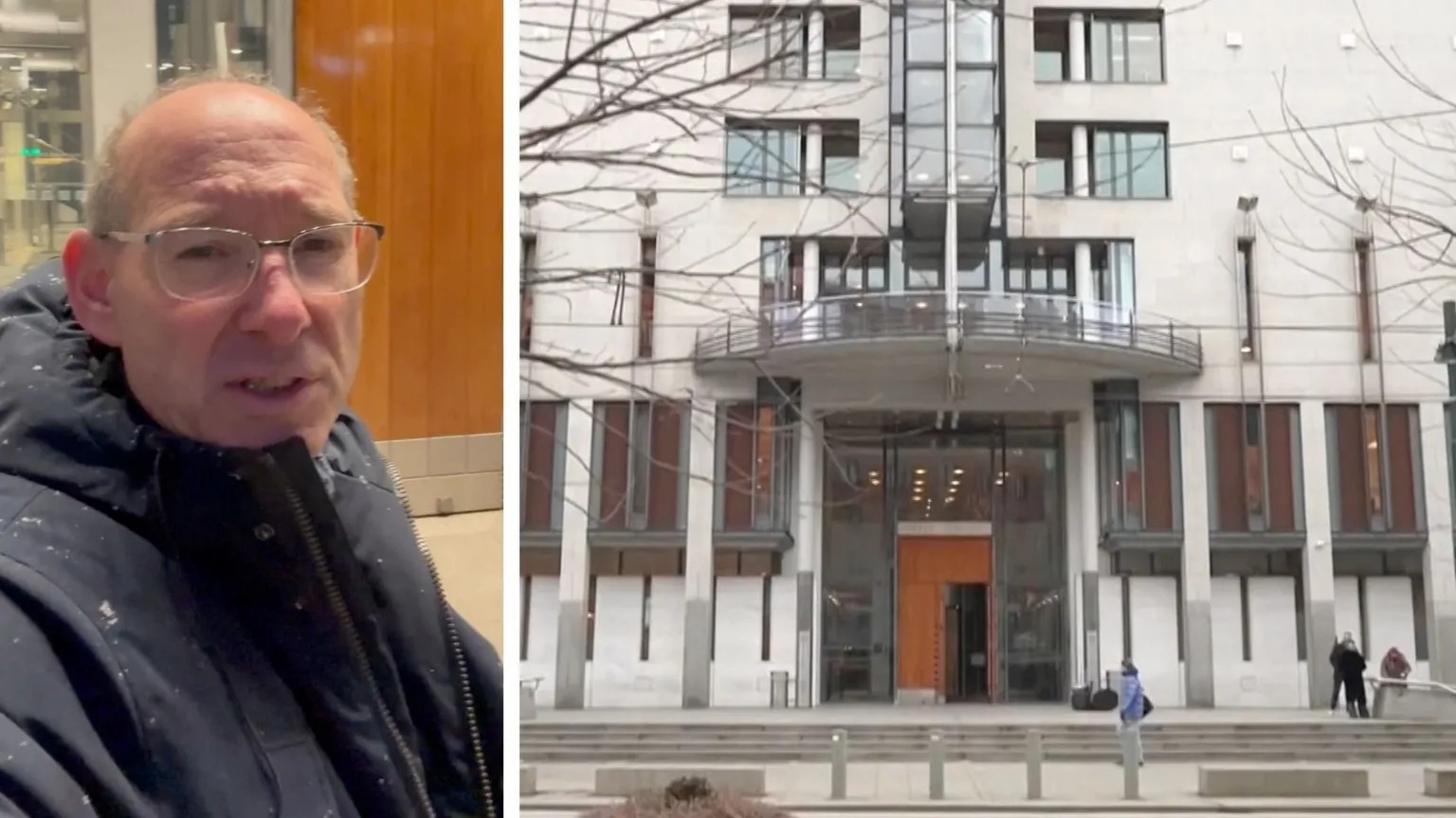 Composite image showing BBC's Paul Kirby on the left and exterior of Oslo court on the right