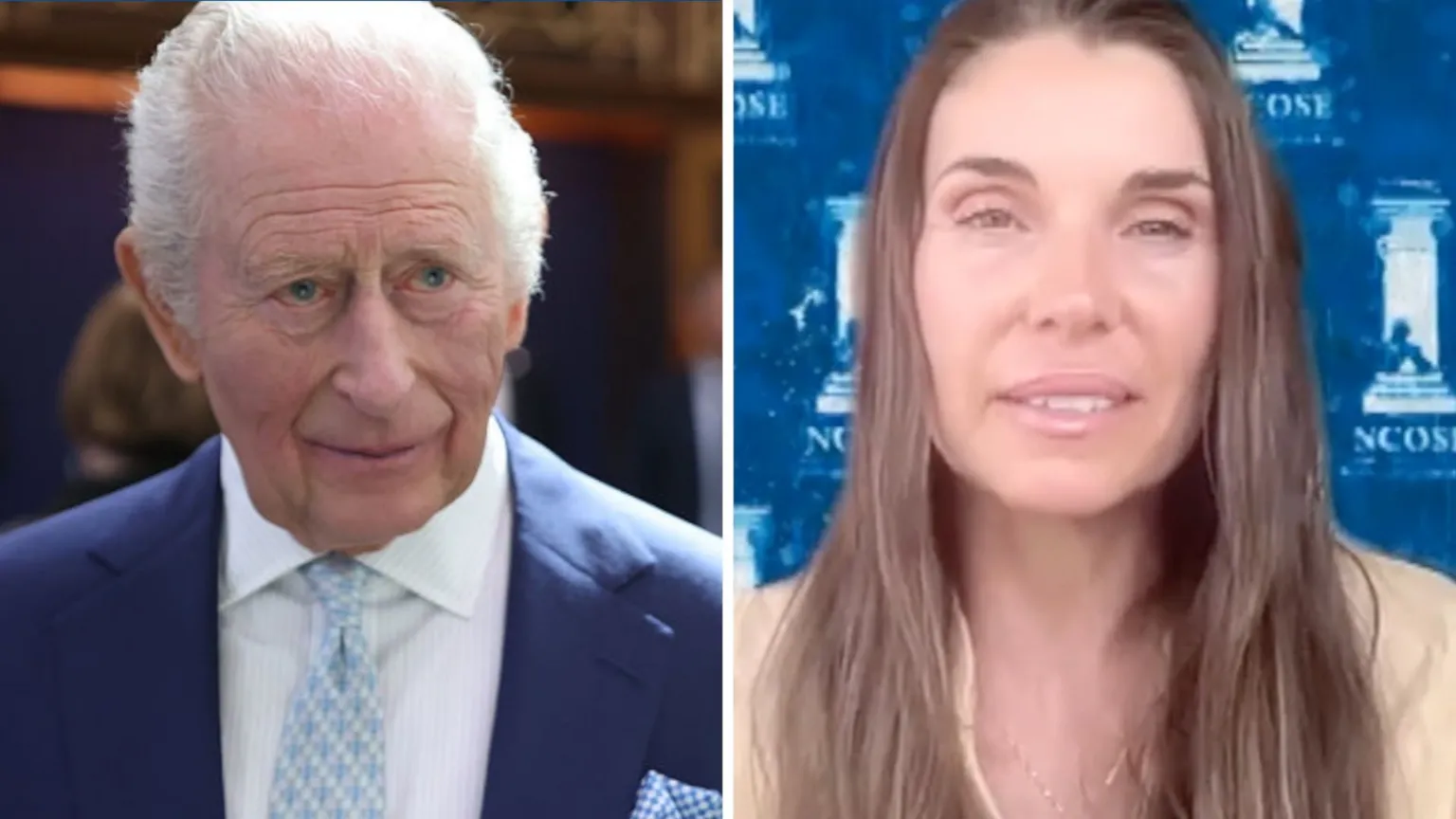 A split screen with King Charles on the left and Teresa Helm on the right.