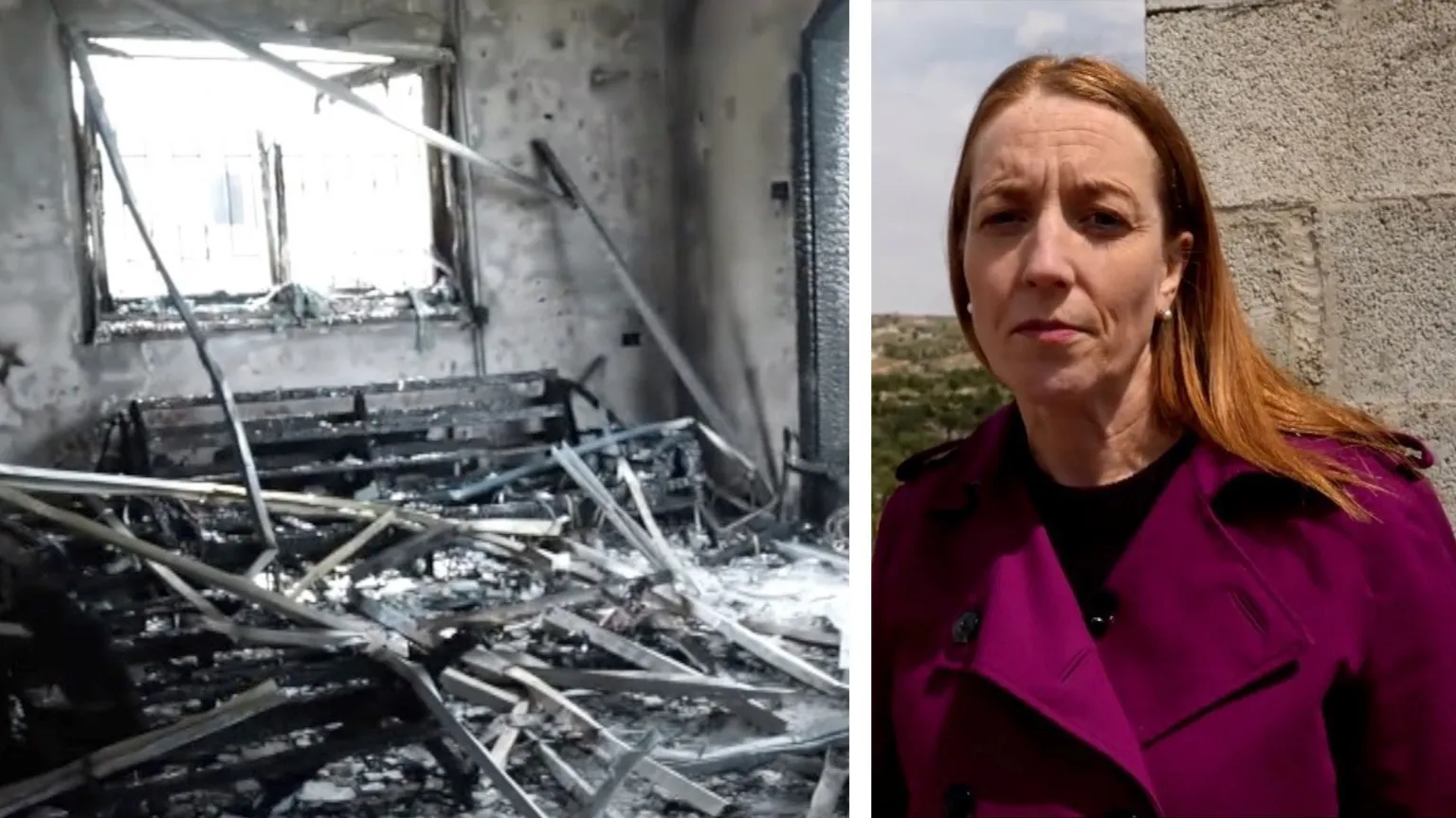 A composite image of Yolande Knell and a destroyed house