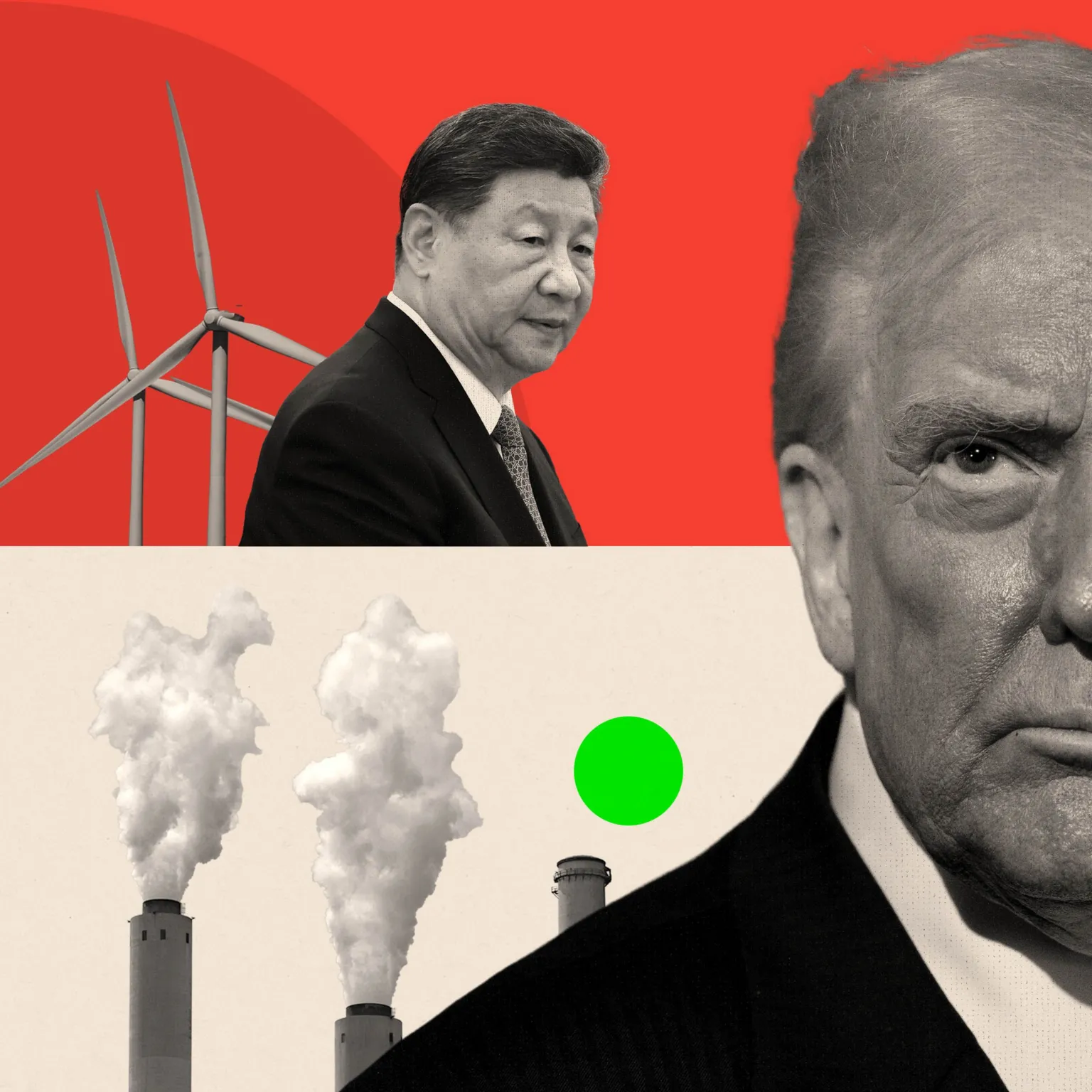 BBC A montage image showing Xi Jinping, wind turbines, and Donald Trump