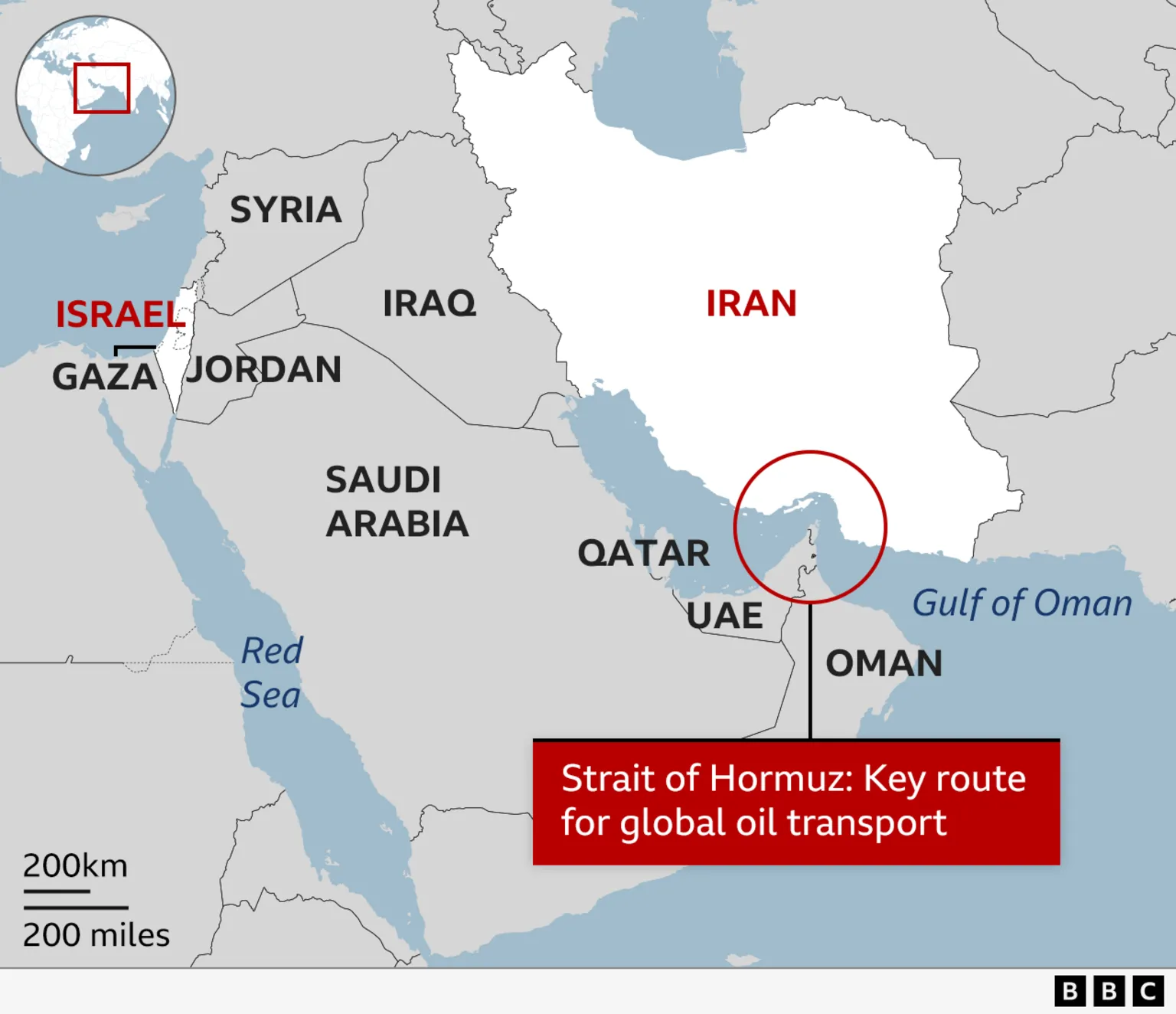 A map of the Strait of Hormuz, a key route for global oil transport. The narrow channel is bound to the north by Iran and the south by Oman and the United Arab Emirates.