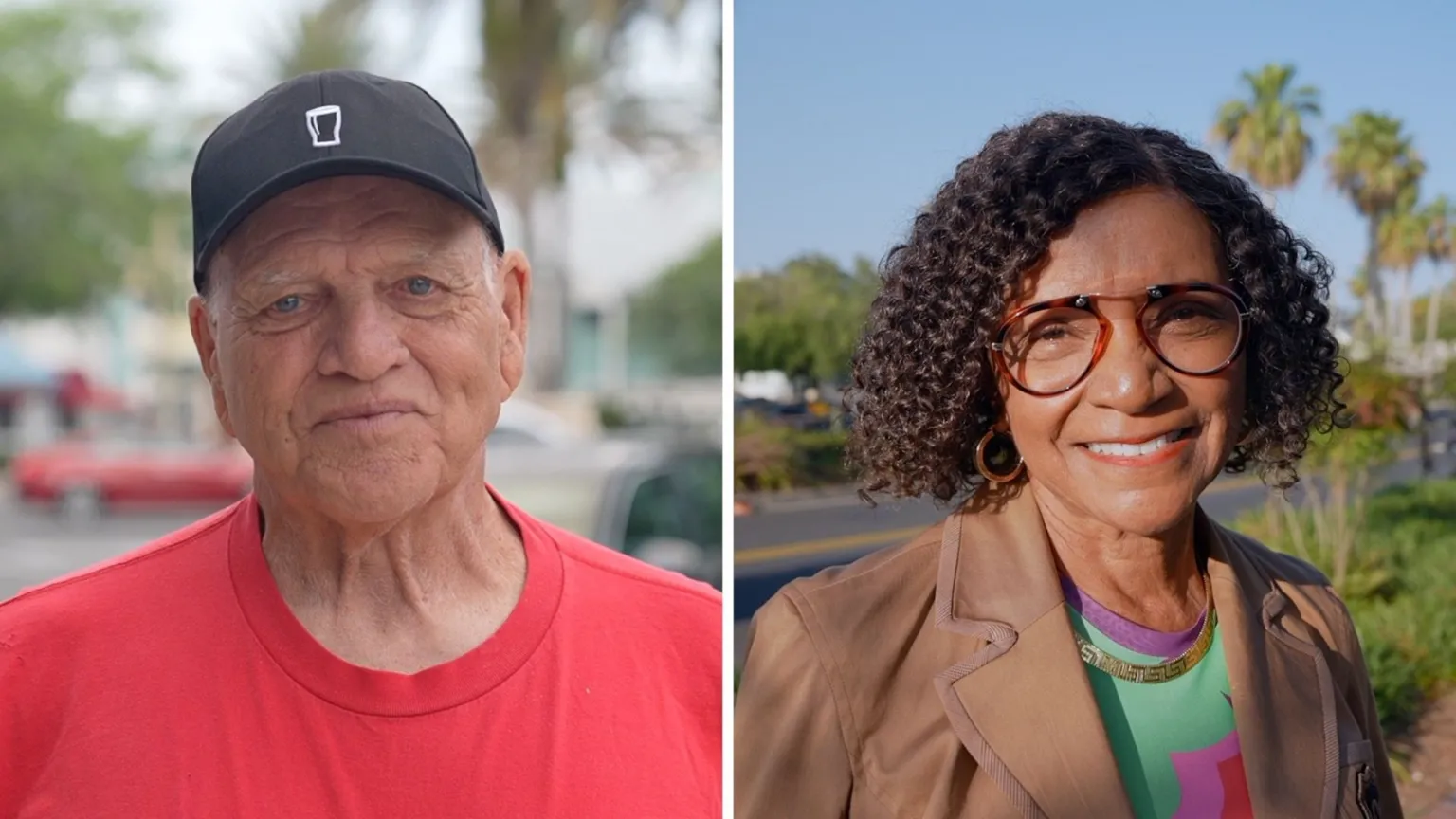 A man in red shirt on the left and a woman in brown jacket on the right.