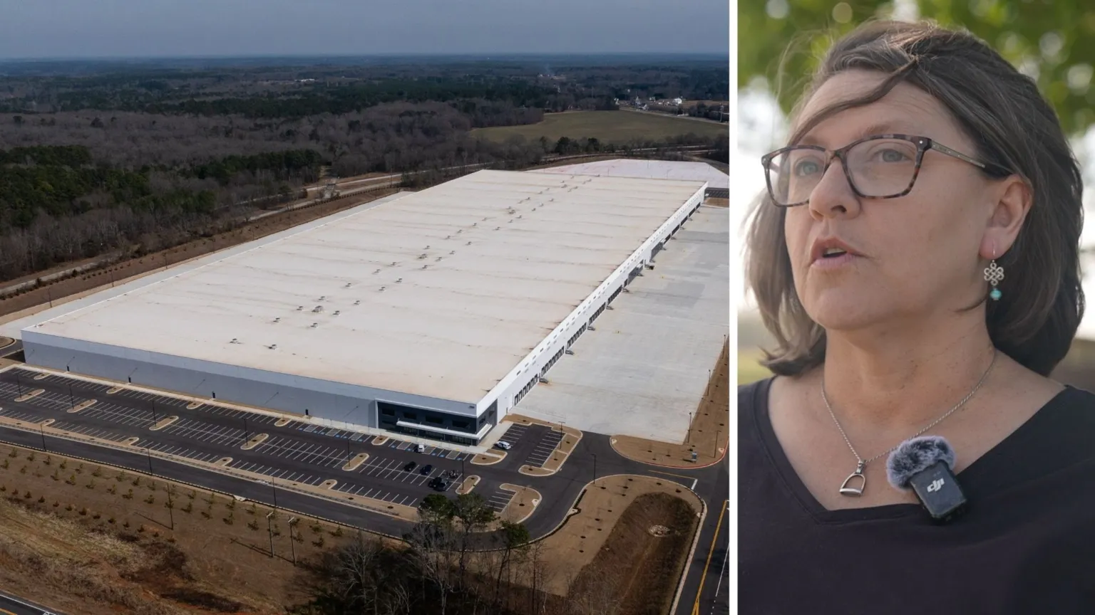 A split screen with a white warehouse on the left and a woman in a black shirt on the right.