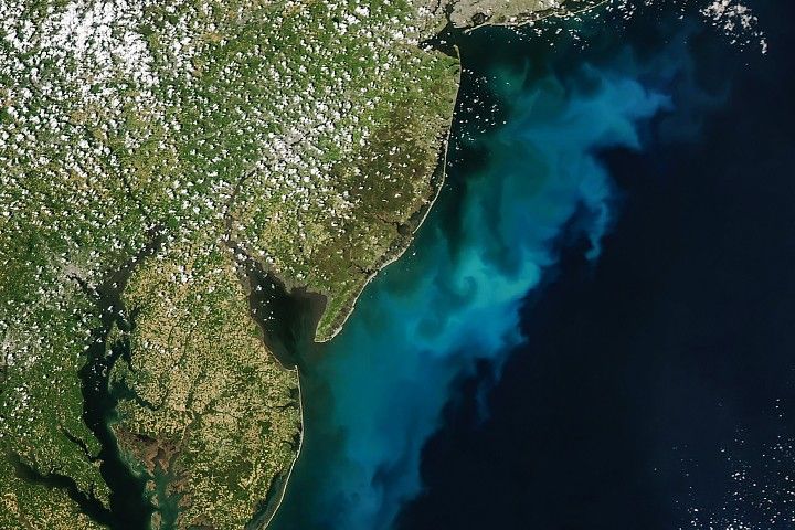 Bright milky blue ribbons of water are visible along the coast along with patches of brown and green in some areas.