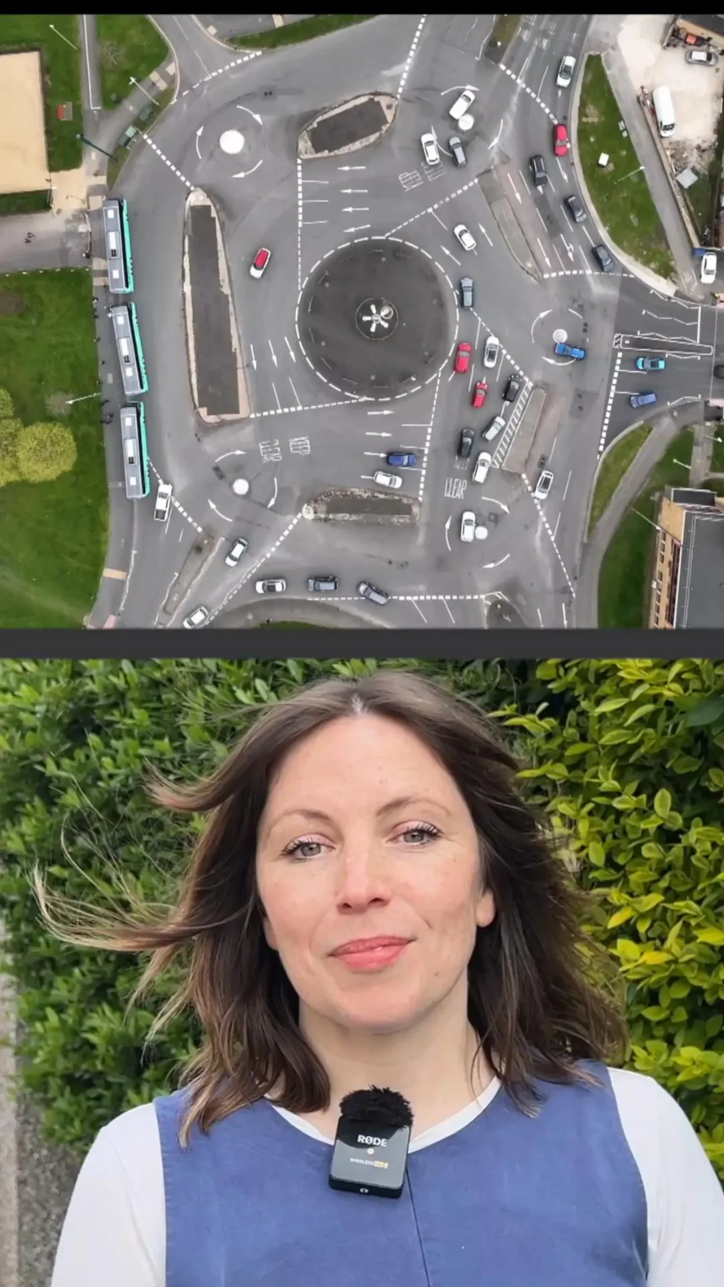 An aerial view of Swindon's magic roundabout, which is made up of five mini roundabouts, above a profile shot of BBC reporters Marie Lennon. She has short, dark brown hair and is wearing a blue vest with a long-sleeved white top underneath.