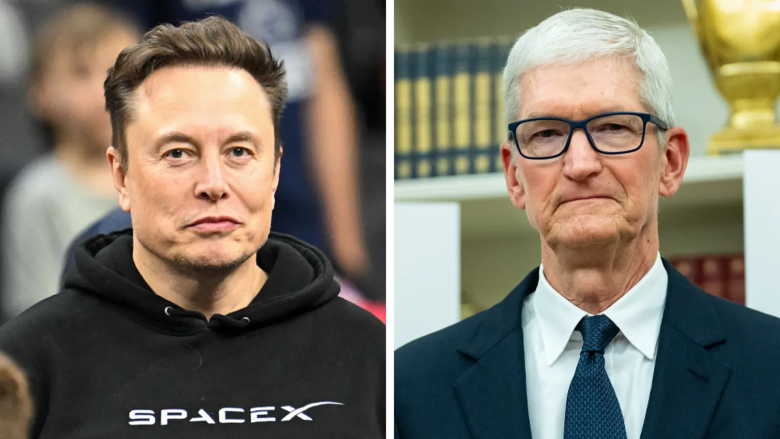 Elon Musk (left) and Tim Cook (right)